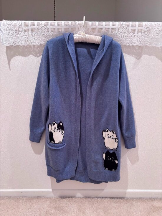 None Sweaters - Blue Cat Pocket Hooded Cardigan Sweater Kawaii Cottagecore Cat Lover Size M-L